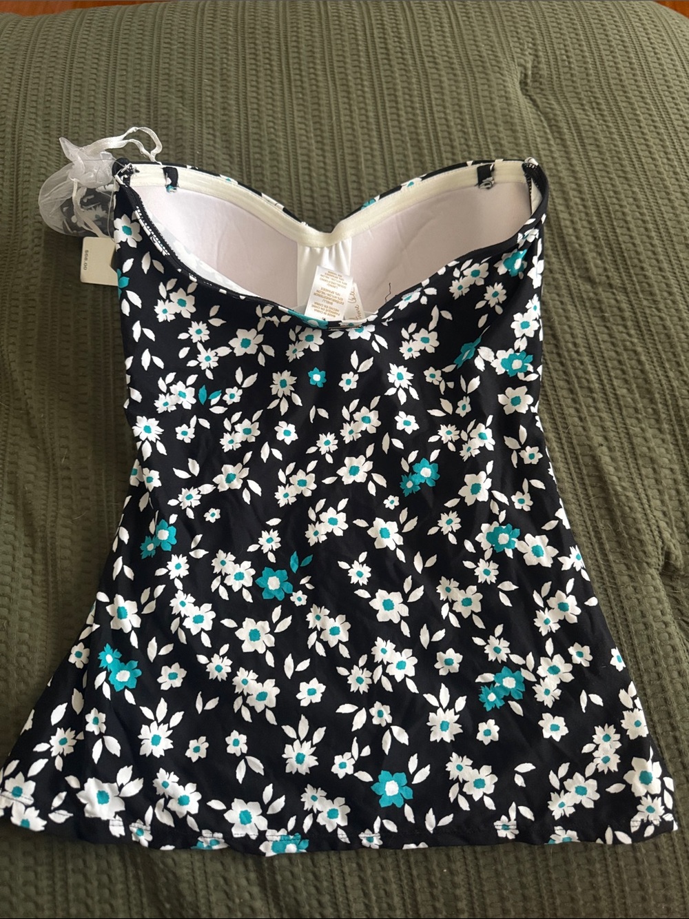 Anne Cole Black Floral Strapless Tankini Top Only with White and Teal Flowers - Picture 3 of 4